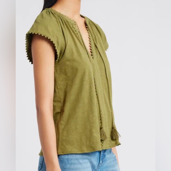 Boden Millie Split Neck Cotton Top Mayfly Army Green Sz 14 - Picture 2 of 12